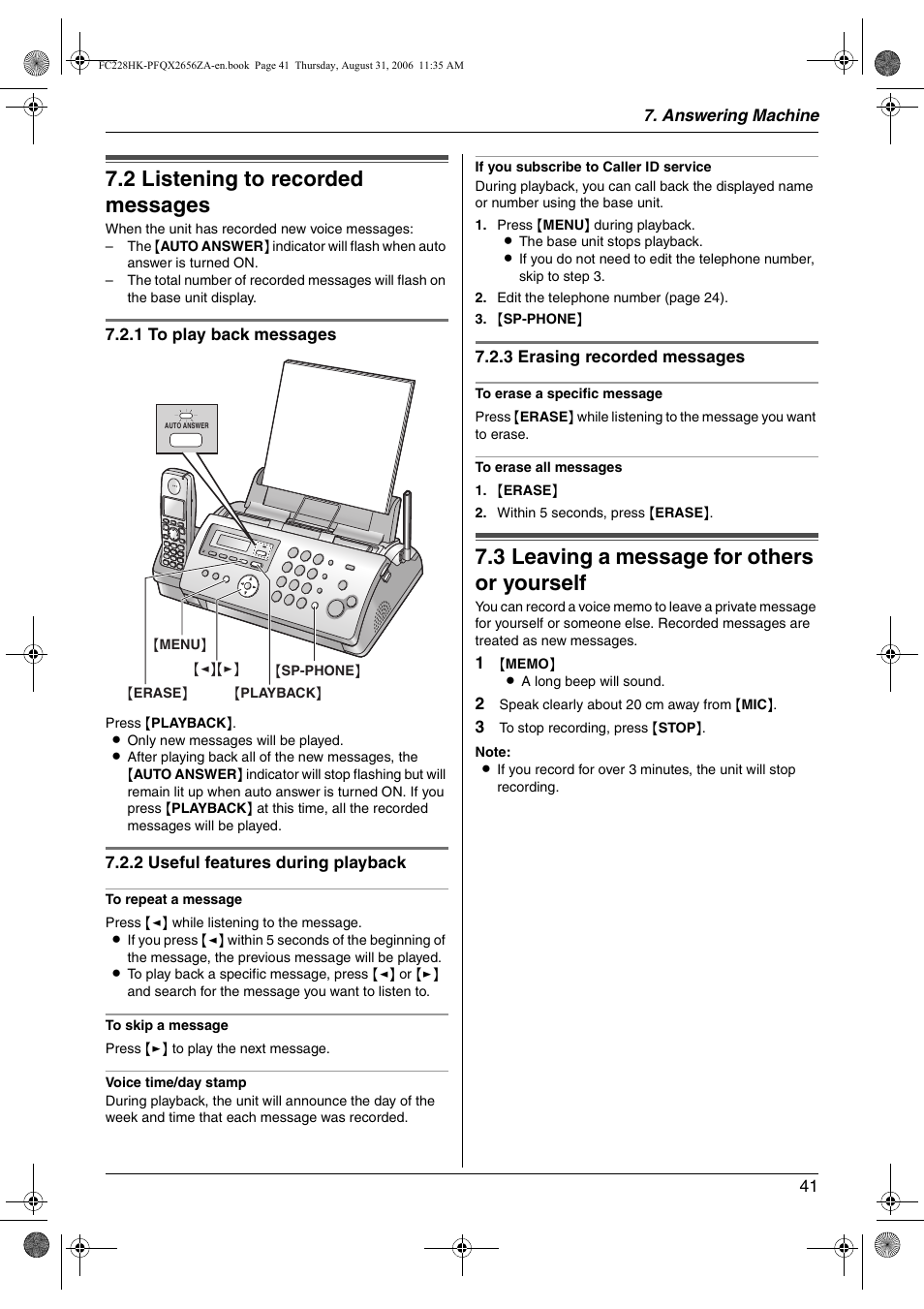 Incoming messages, 2 listening to recorded messages, Memo message | 3 leaving a message for others or yourself, Listening to recorded messages, Leaving a message for others or yourself, 2 listening to recorded messages, 3 leaving a message for others or yourself | Panasonic KX-FC228HK User Manual | Page 41 / 80