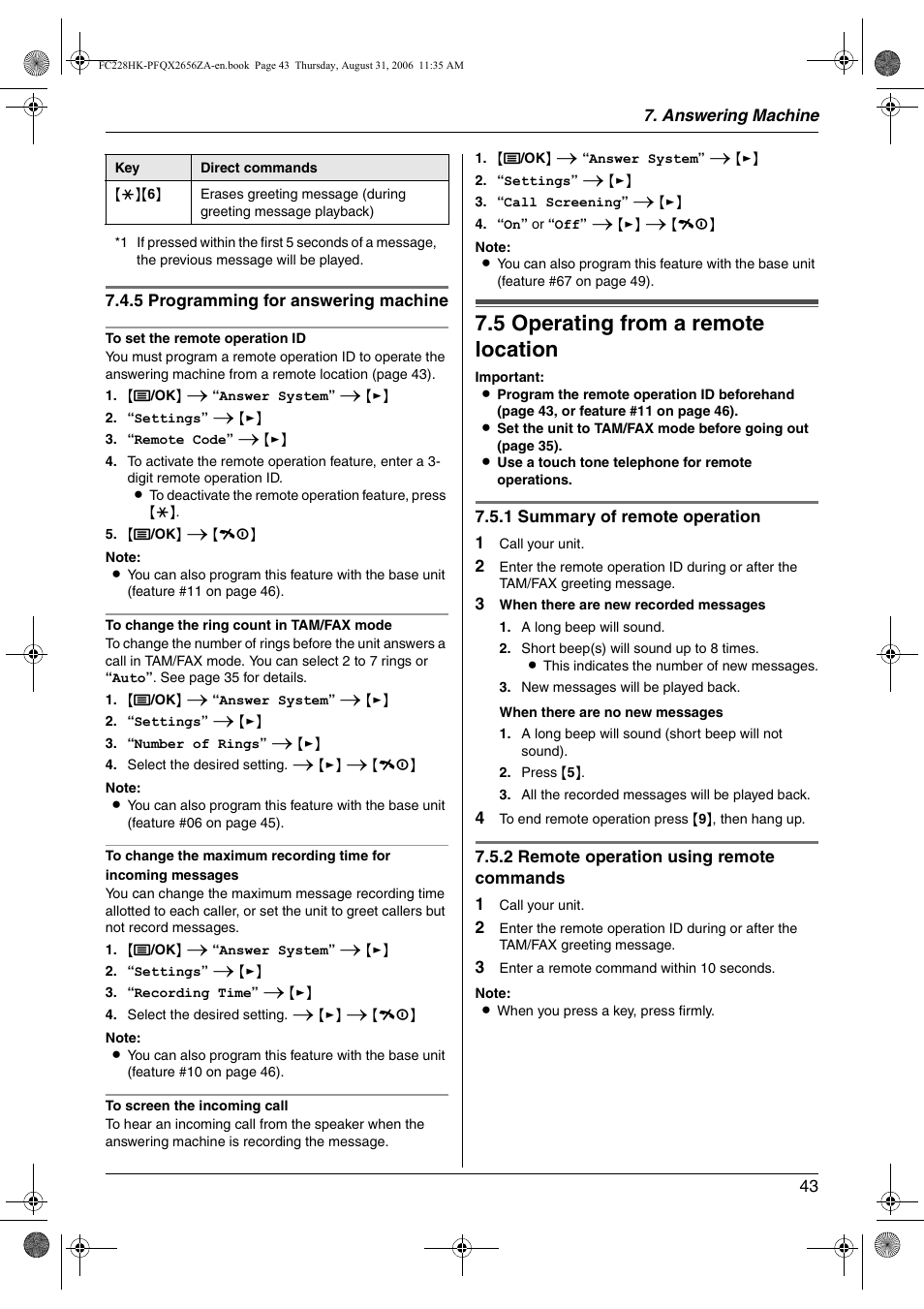 5 operating from a remote location, Operating from a remote location, 43, f | 5 operating from a remote location | Panasonic KX-FC228HK User Manual | Page 43 / 80