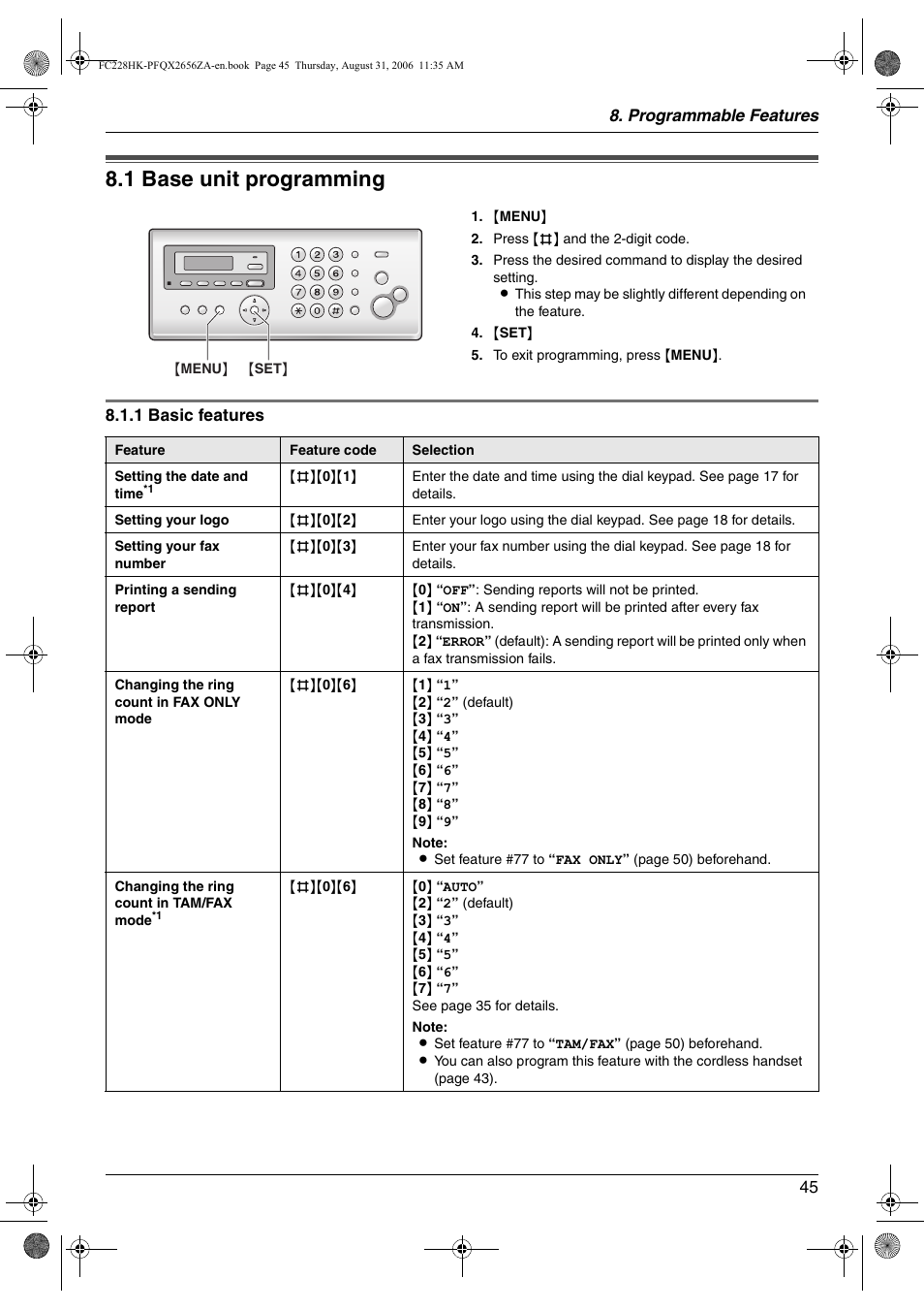Programmable features, 1 base unit programming, Base unit | Base unit programming, 1 base unit programming | Panasonic KX-FC228HK User Manual | Page 45 / 80