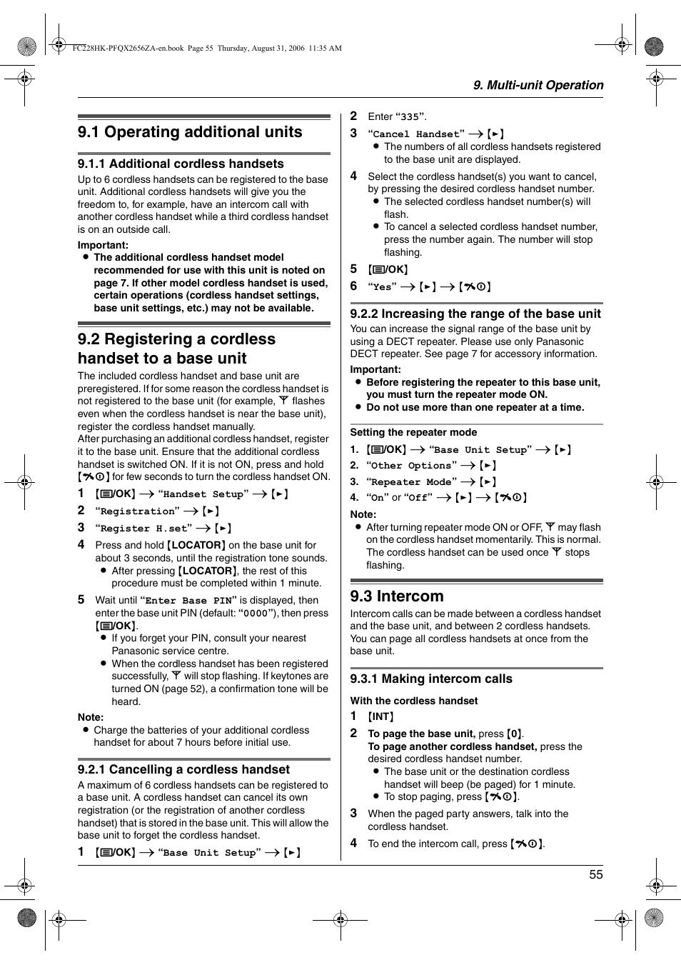 Multi-unit operation, Additional units, 1 operating additional units | 2 registering a cordless handset to a base unit, Other features, 3 intercom, Operating additional units, Registering a cordless handset to a base unit, Intercom, 1 operating additional units | Panasonic KX-FC228HK User Manual | Page 55 / 80