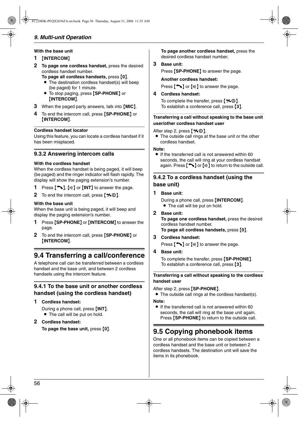4 transferring a call/conference, 5 copying phonebook items, Transferring a call/conference | Copying phonebook items, 4 transferring a call/conference, 5 copying phonebook items | Panasonic KX-FC228HK User Manual | Page 56 / 80