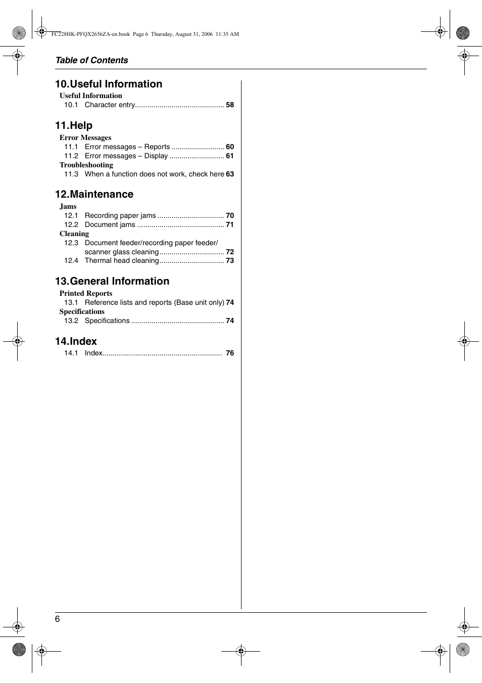 Useful information, Help, Maintenance | General information, Index | Panasonic KX-FC228HK User Manual | Page 6 / 80