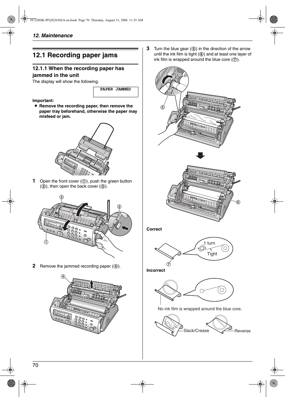 Maintenance, Jams, 1 recording paper jams | Recording paper jams, 1 recording paper jams | Panasonic KX-FC228HK User Manual | Page 70 / 80