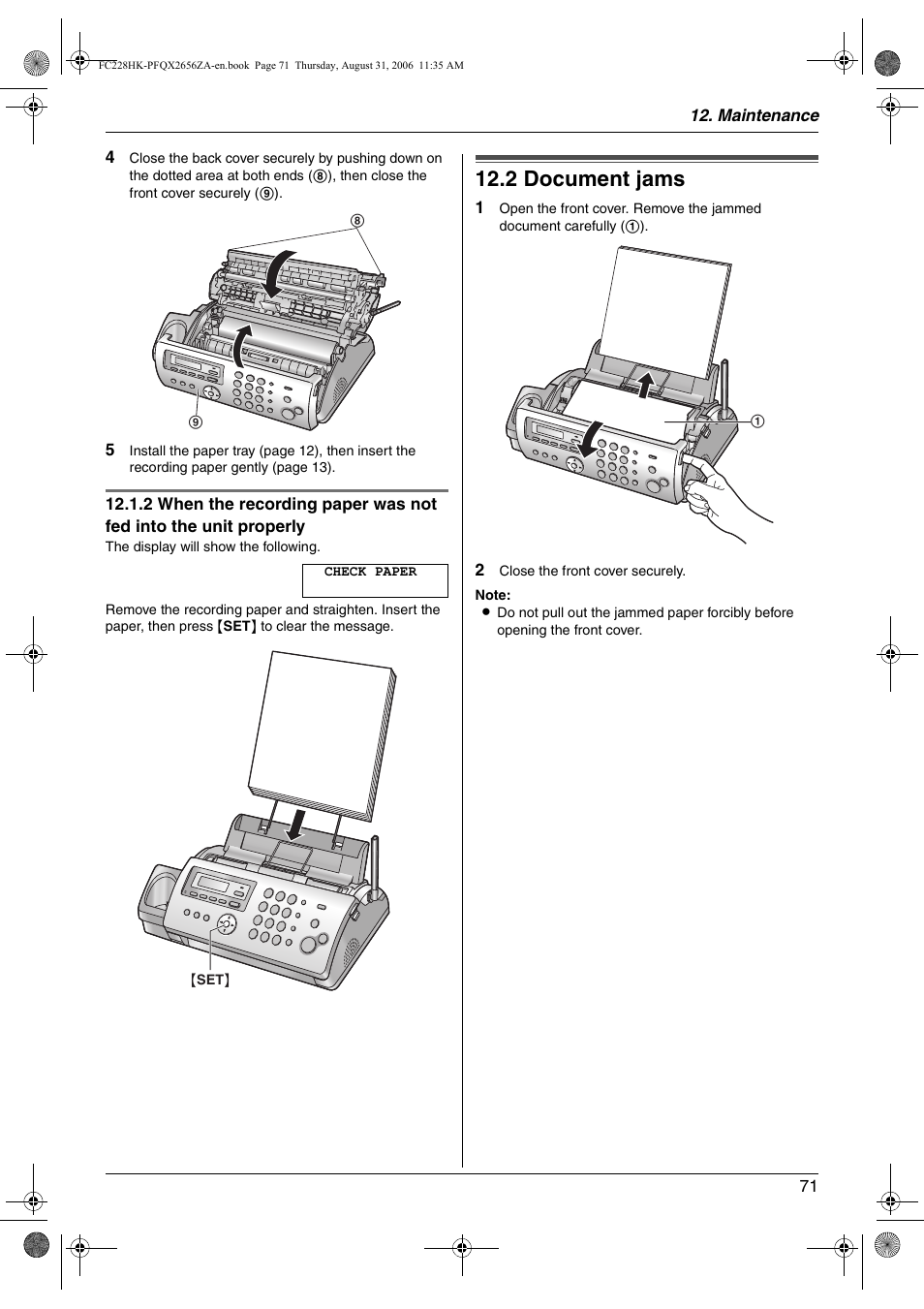 2 document jams, Document jams, 2 document jams | Panasonic KX-FC228HK User Manual | Page 71 / 80