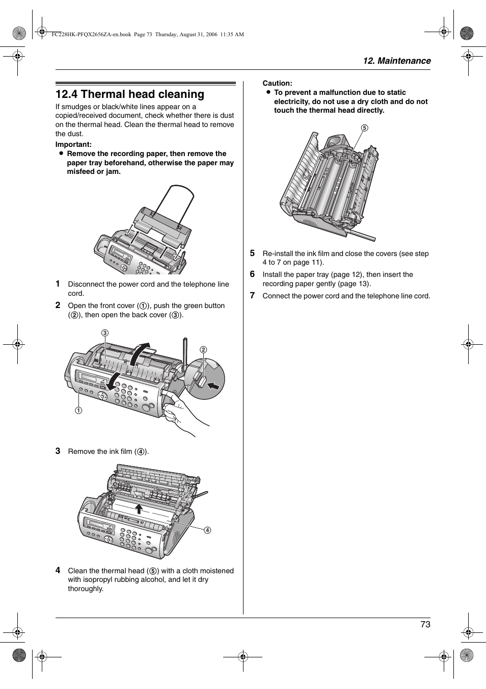 4 thermal head cleaning, Thermal head cleaning, 4 thermal head cleaning | Panasonic KX-FC228HK User Manual | Page 73 / 80