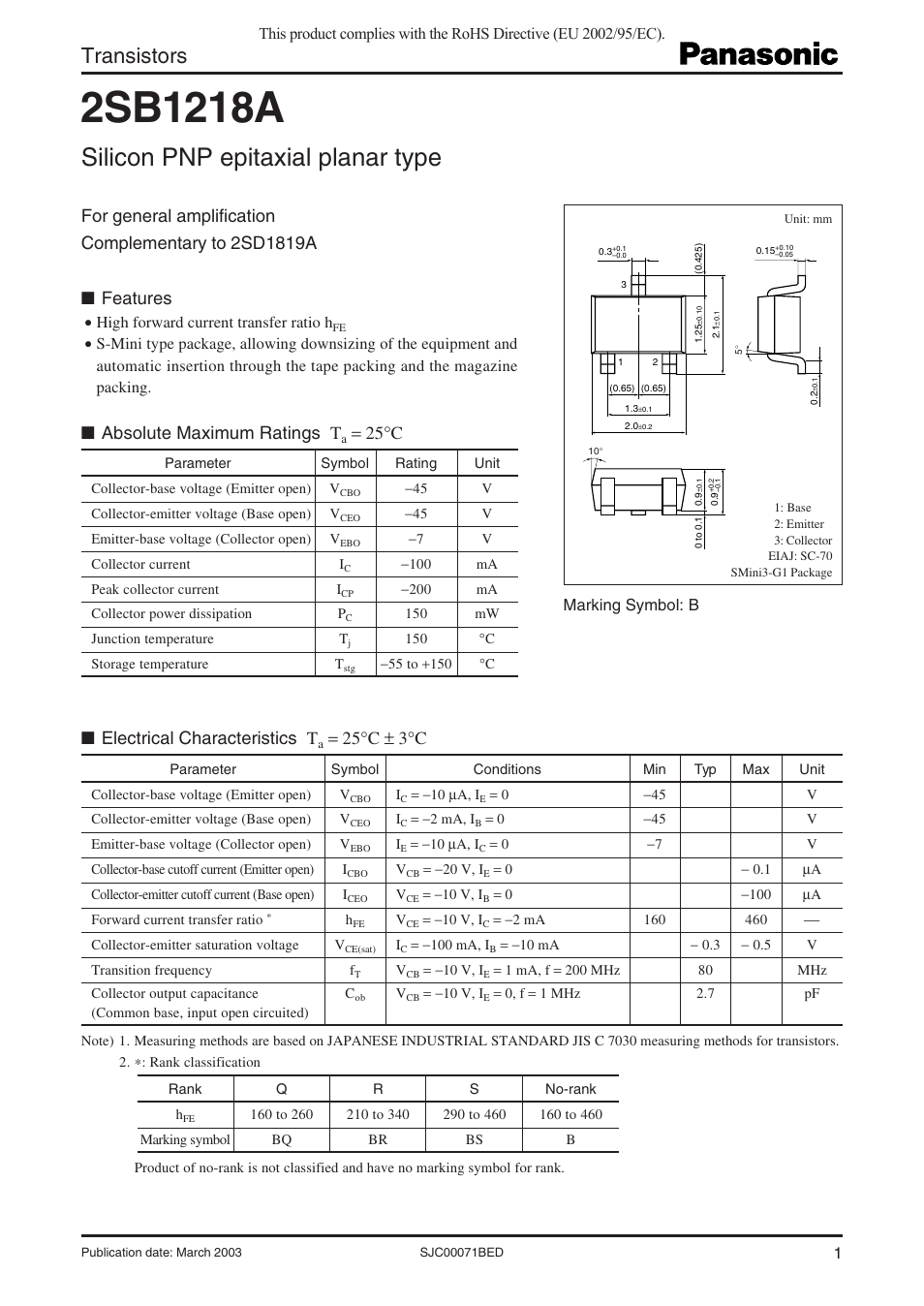 Panasonic Transistors 2SB1218A User Manual | 4 pages