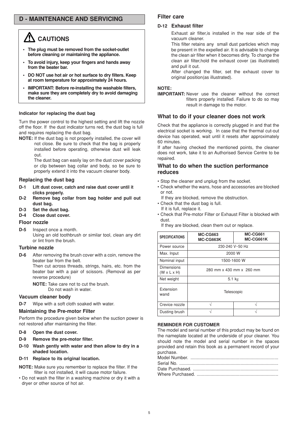 D - maintenance and servicing cautions | Panasonic MC-CG663 User Manual | Page 7 / 8