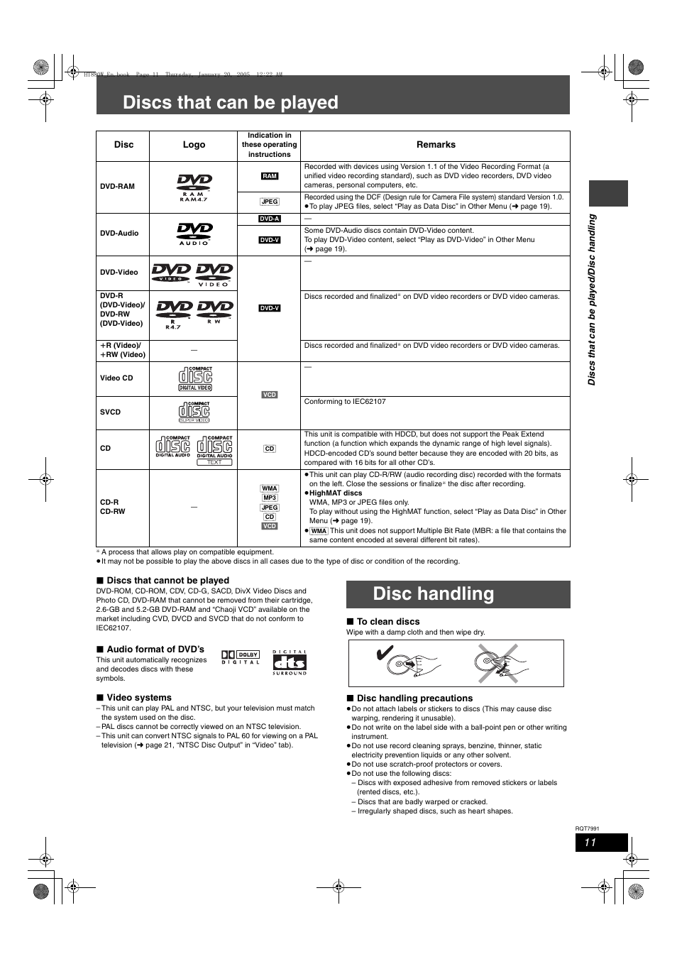 Discs that can be played, Disc handling | Panasonic SC-HT880W User Manual | Page 11 / 36
