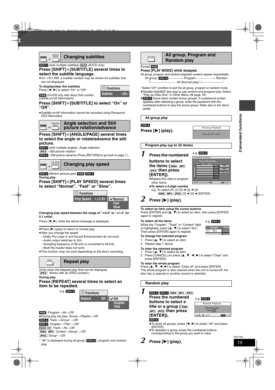 All group, program and random play, Press [shift] i [subtitle] to select “on” or “off, Press [ 1 ] (play) | Press the numbered buttons to select the items, Then press [enter]) | Panasonic SC-HT880W User Manual | Page 15 / 36