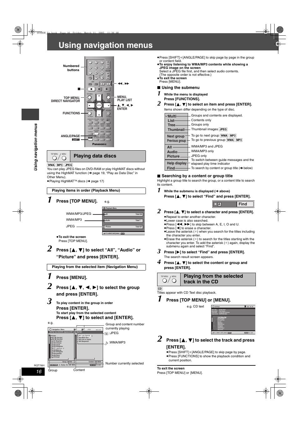 Using navigation menus, Playing data discs, Playing from the selected track in the cd | Press [top menu, Press [menu, Press [enter, Press [ 3 , 4 ] to select and [enter, Press [top menu] or [menu, Us in g na v iga tion me n u s, Using the submenu | Panasonic SC-HT880W User Manual | Page 16 / 36