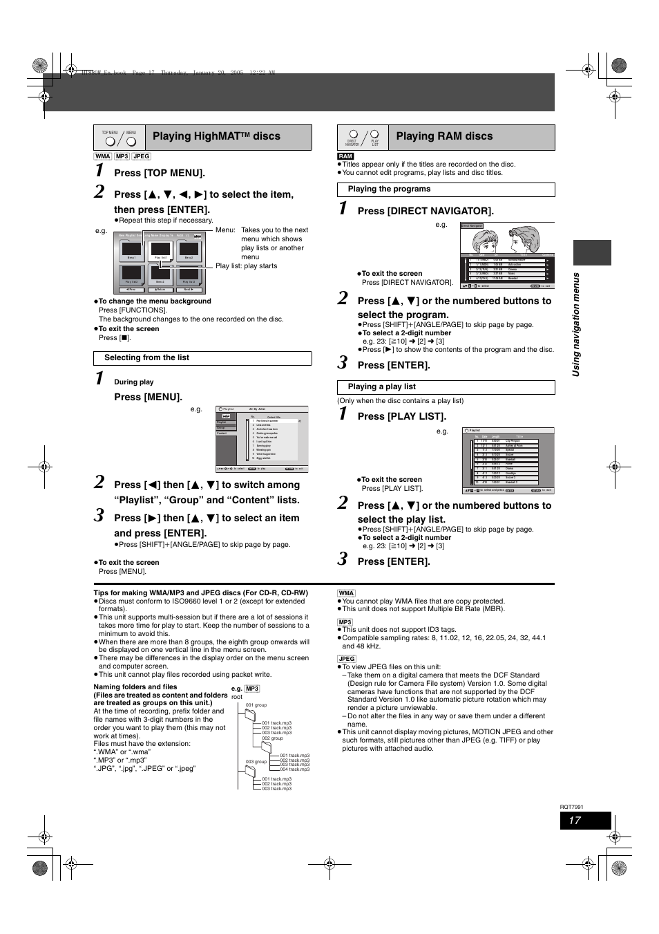 Playing highmat, Discs, Playing ram discs | Press [top menu, Press [menu, Press [direct navigator, Press [enter, Press [play list, Us in g na v iga tion me n u s | Panasonic SC-HT880W User Manual | Page 17 / 36