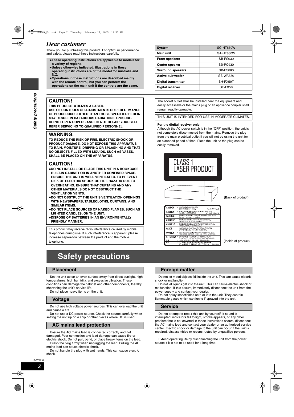 Safety precautions, Dear customer, Caution | Warning | Panasonic SC-HT880W User Manual | Page 2 / 36