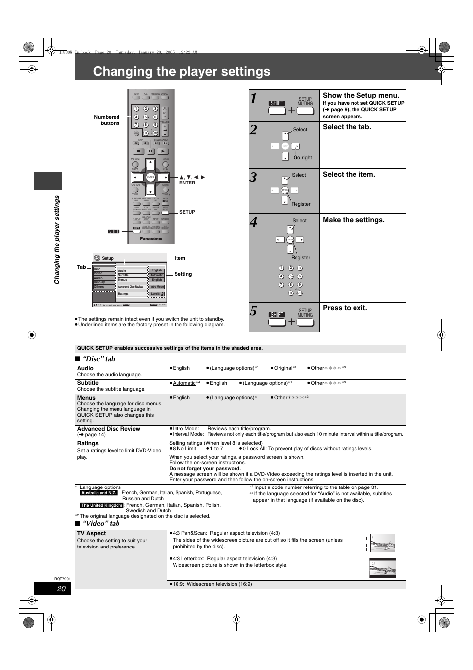 Changing the player settings, Disc ” tab, Video ” tab | Show the setup menu, Select the tab, Select the item, Make the settings, Press to exit, Shift | Panasonic SC-HT880W User Manual | Page 20 / 36