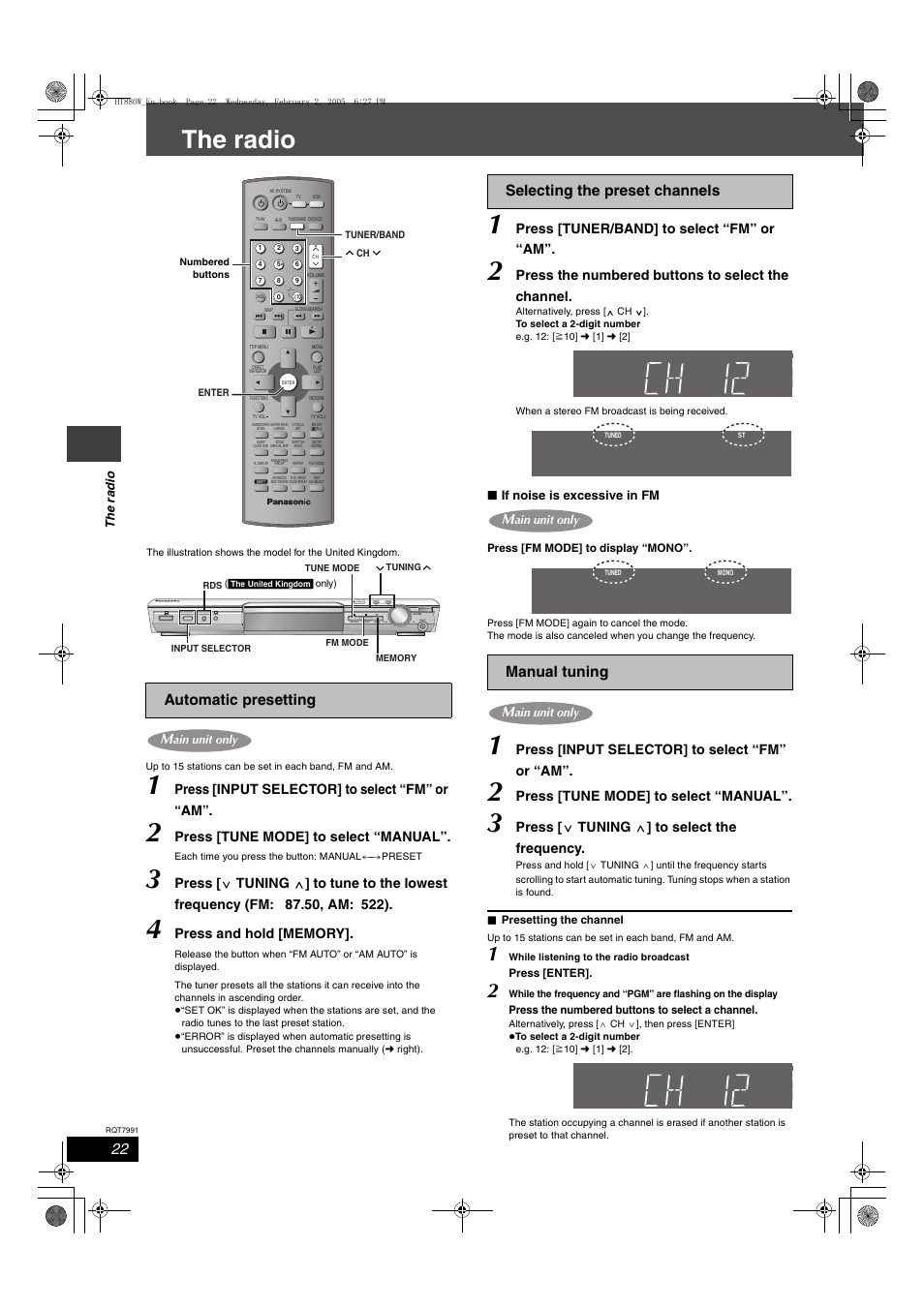 The radio, Automatic presetting, Selecting the preset channels manual tuning | Press [input selector] to select “fm” or “am, Press [tune mode] to select “manual, Press [tuner/band] to select “fm” or “am, Press the numbered buttons to select the channel, Press [ x tuning w ] to select the frequency, Open close, The r a dio | Panasonic SC-HT880W User Manual | Page 22 / 36