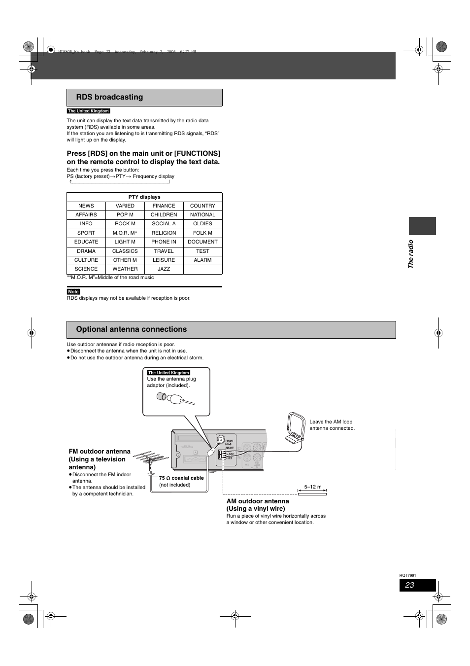 Rds broadcasting, Optional antenna connections, The r a dio | Am outdoor antenna (using a vinyl wire), Fm outdoor antenna (using a television antenna) | Panasonic SC-HT880W User Manual | Page 23 / 36