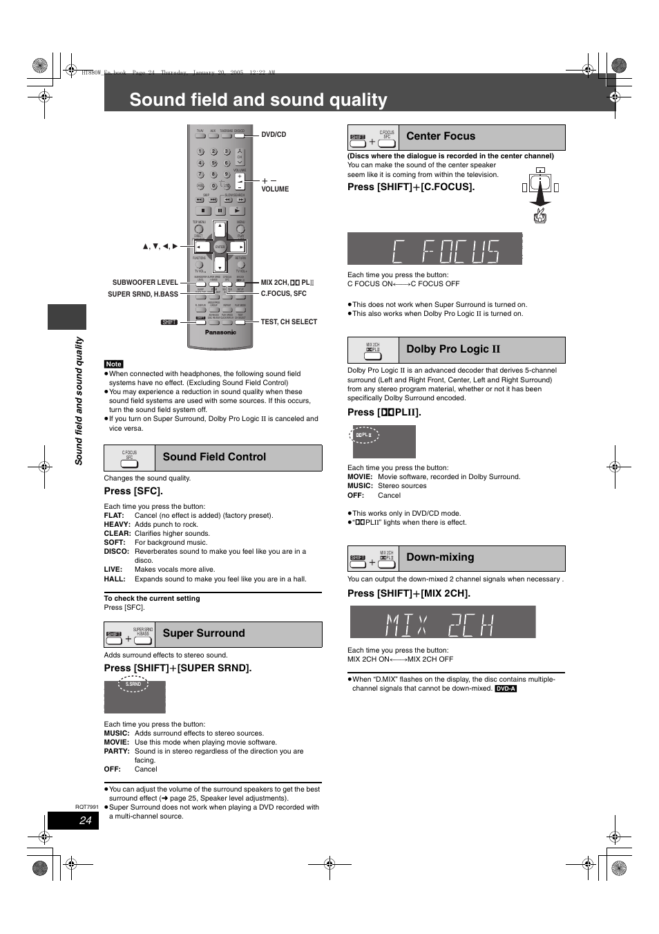 Sound field and sound quality, Sound field control super surround, Center focus dolby pro logic ii down-mixing | Press [sfc, Press [shift] i [super srnd, Press [shift] i [c.focus, Press [ î plii, Press [shift] i [mix 2ch | Panasonic SC-HT880W User Manual | Page 24 / 36