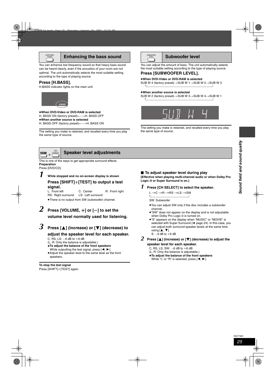 Enhancing the bass sound, Subwoofer level, Speaker level adjustments | Press [h.bass, Press [subwoofer level, Press [shift] i [test] to output a test signal | Panasonic SC-HT880W User Manual | Page 25 / 36