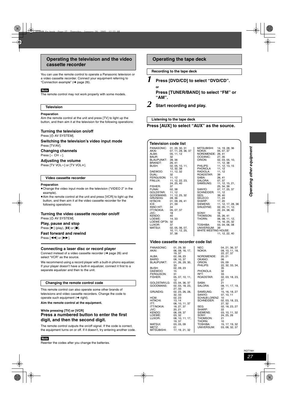 Operating the tape deck, Press [dvd/cd] to select “dvd/cd, Press [tuner/band] to select “fm” or “am | Panasonic SC-HT880W User Manual | Page 27 / 36