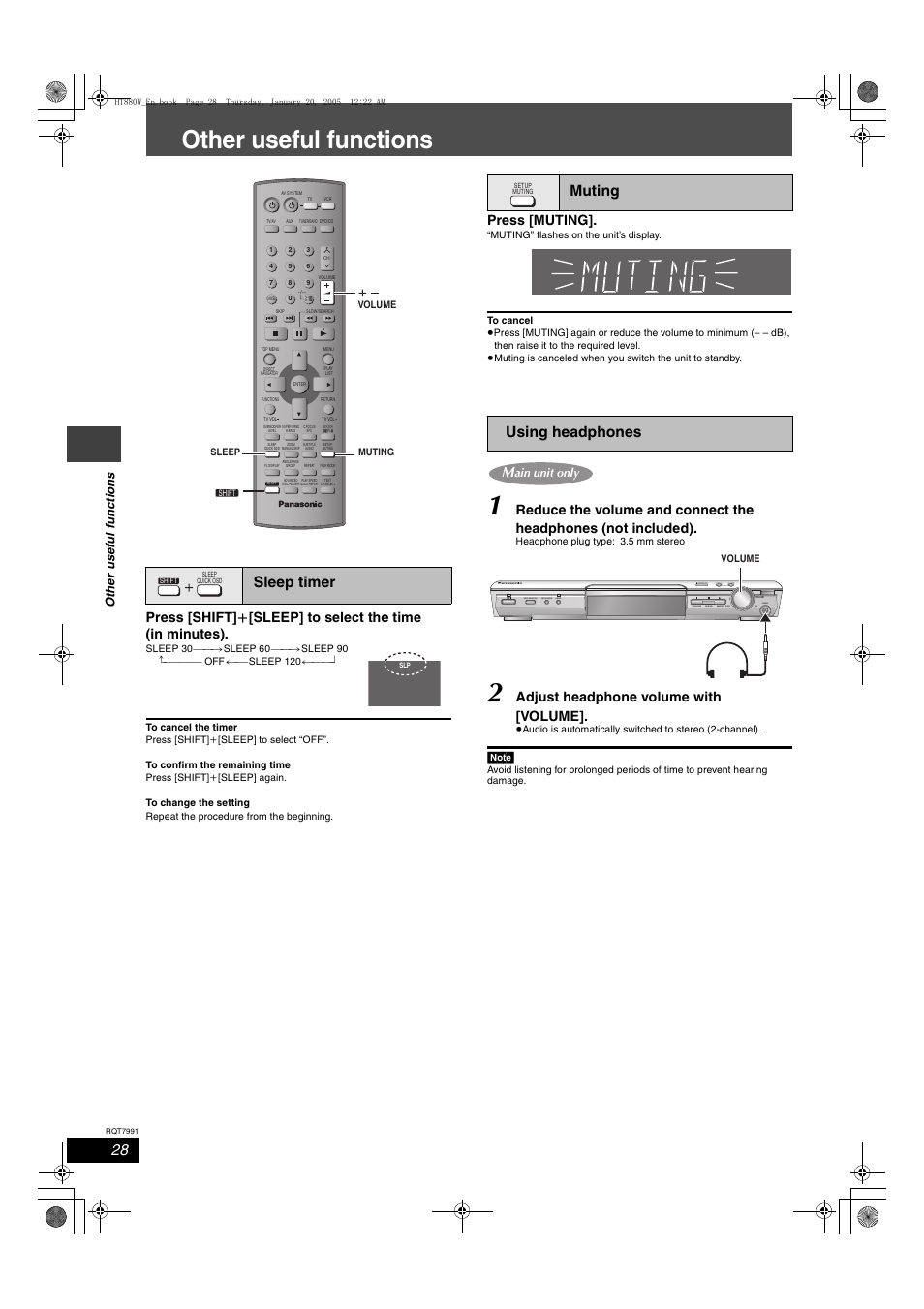 Other useful functions, Sleep timer, Muting using headphones | Press [muting, Adjust headphone volume with [volume, Open close, Othe r us e ful func tions, Ain unit only | Panasonic SC-HT880W User Manual | Page 28 / 36