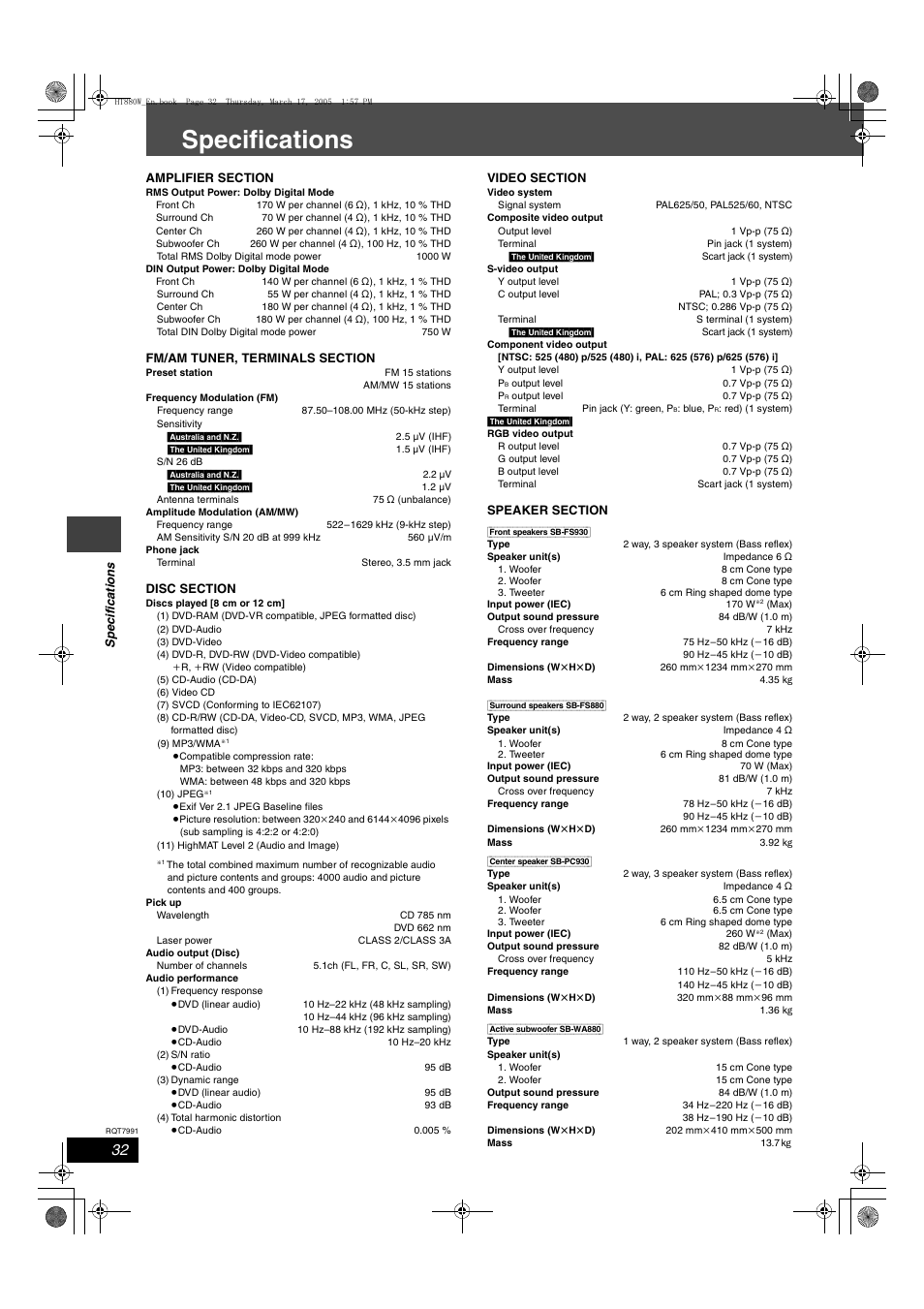 Specifications | Panasonic SC-HT880W User Manual | Page 32 / 36