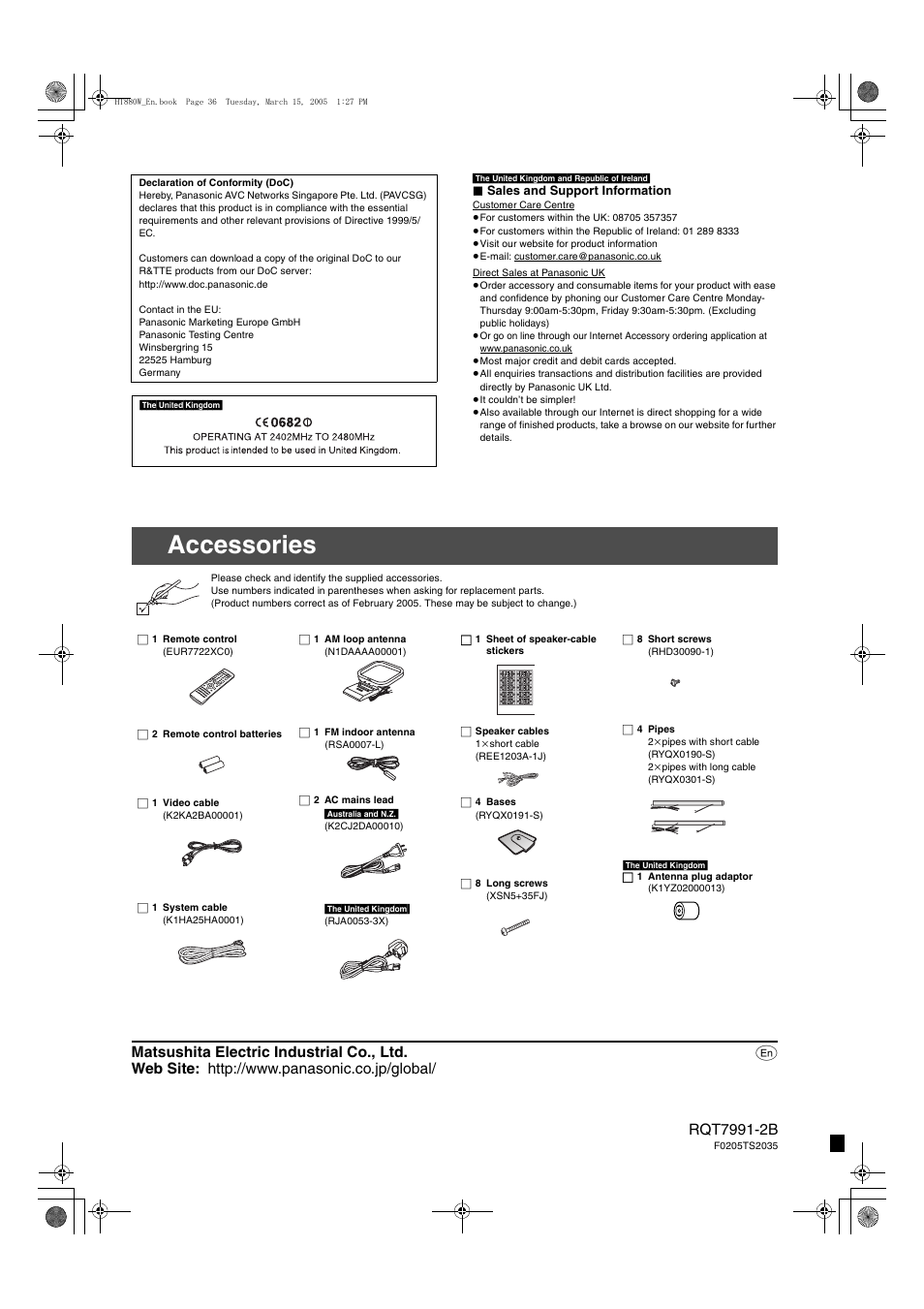 Accessories | Panasonic SC-HT880W User Manual | Page 36 / 36