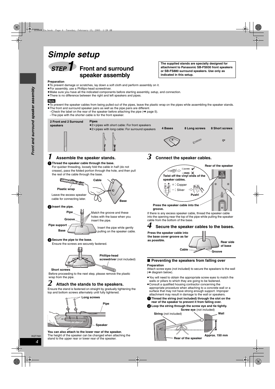 Simple setup, Step, Front and surround speaker assembly | Panasonic SC-HT880W User Manual | Page 4 / 36