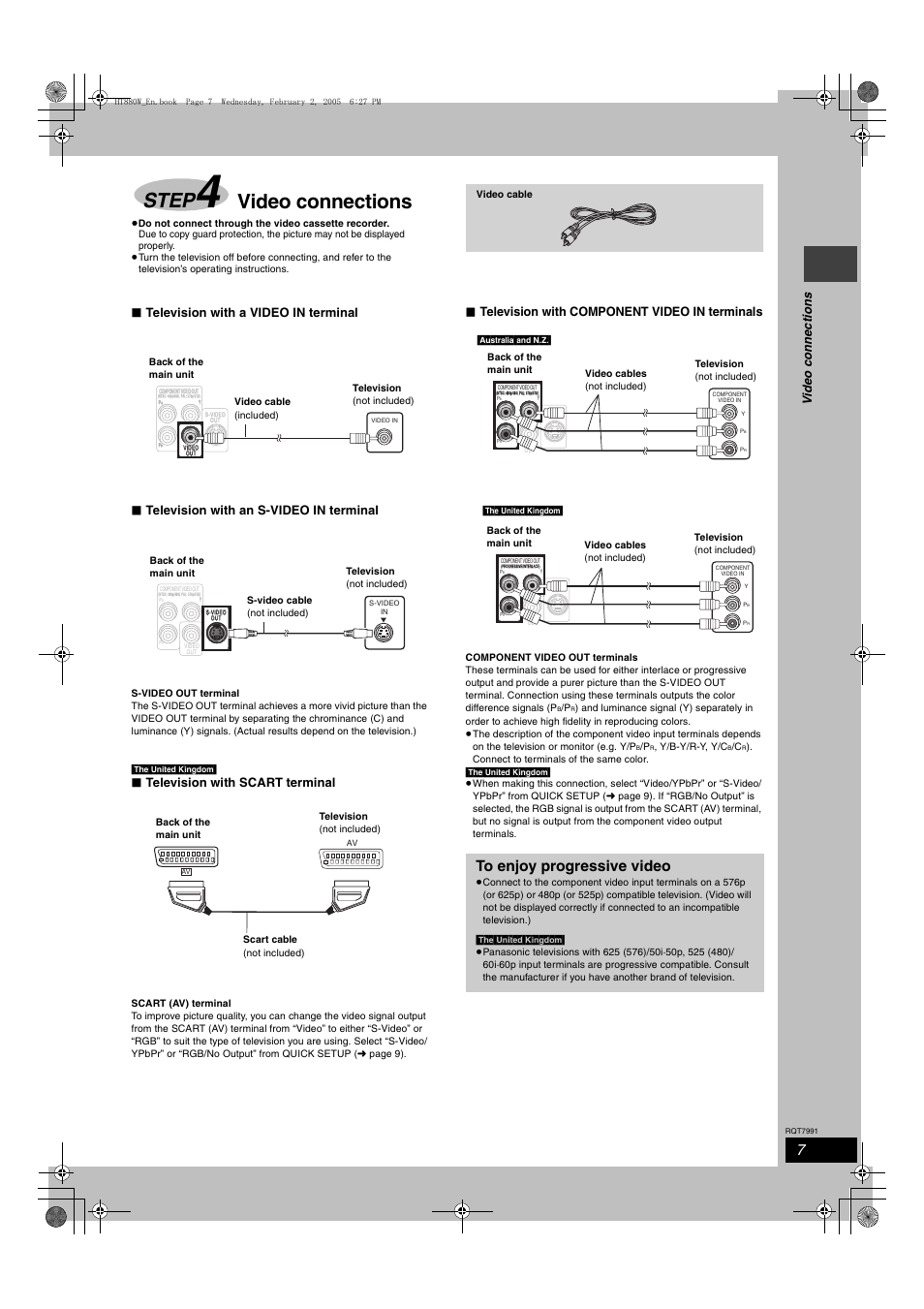 Step, Video connections, Television with scart terminal | Television with component video in terminals, Vide o c onne c tions | Panasonic SC-HT880W User Manual | Page 7 / 36