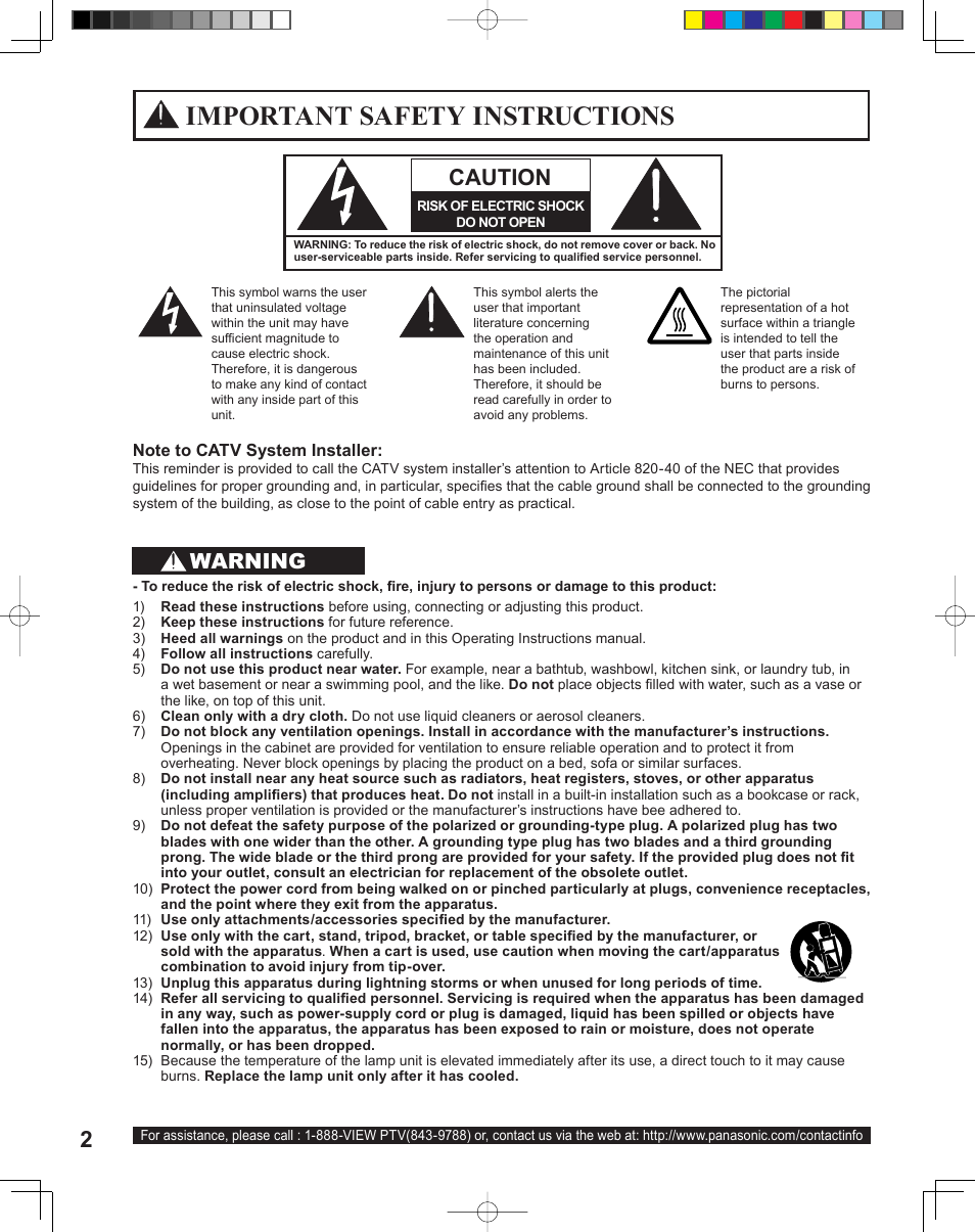 Getting started, Important safety instructions, Warning | Panasonic PT-43LC14 User Manual | Page 2 / 88