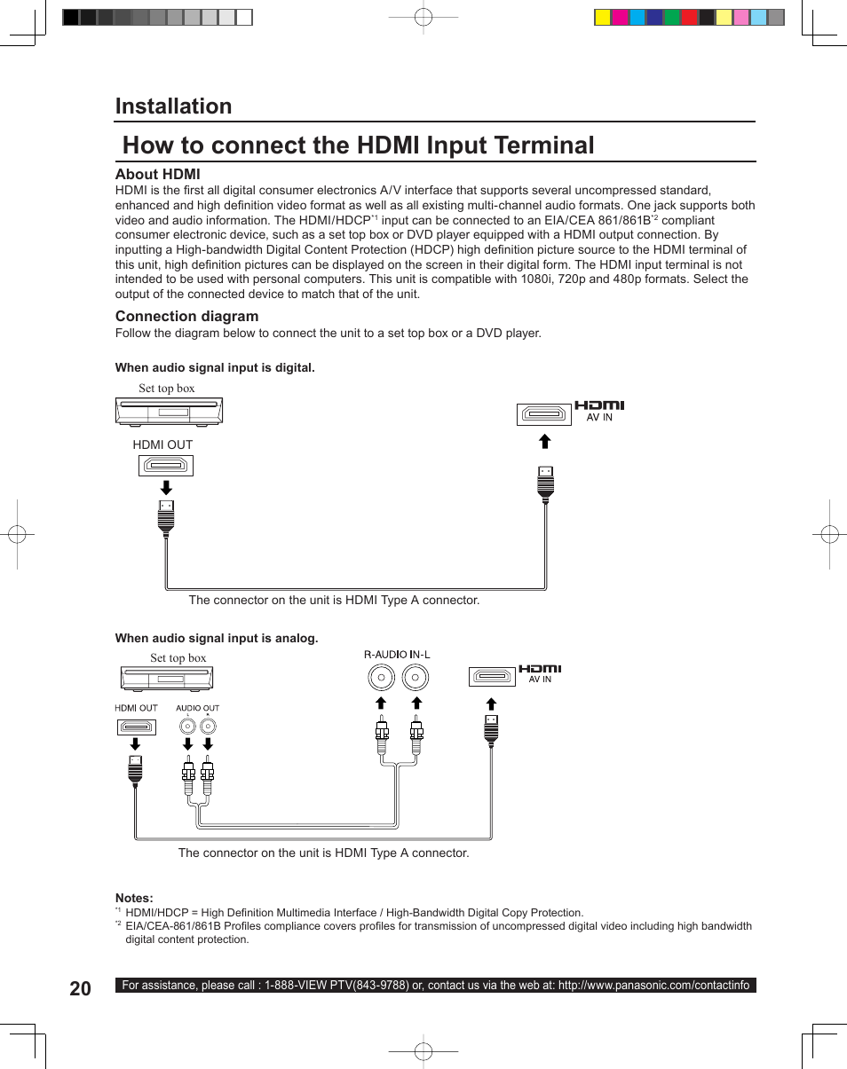 How to connect the hdmi input terminal, Installation | Panasonic PT-43LC14 User Manual | Page 20 / 88