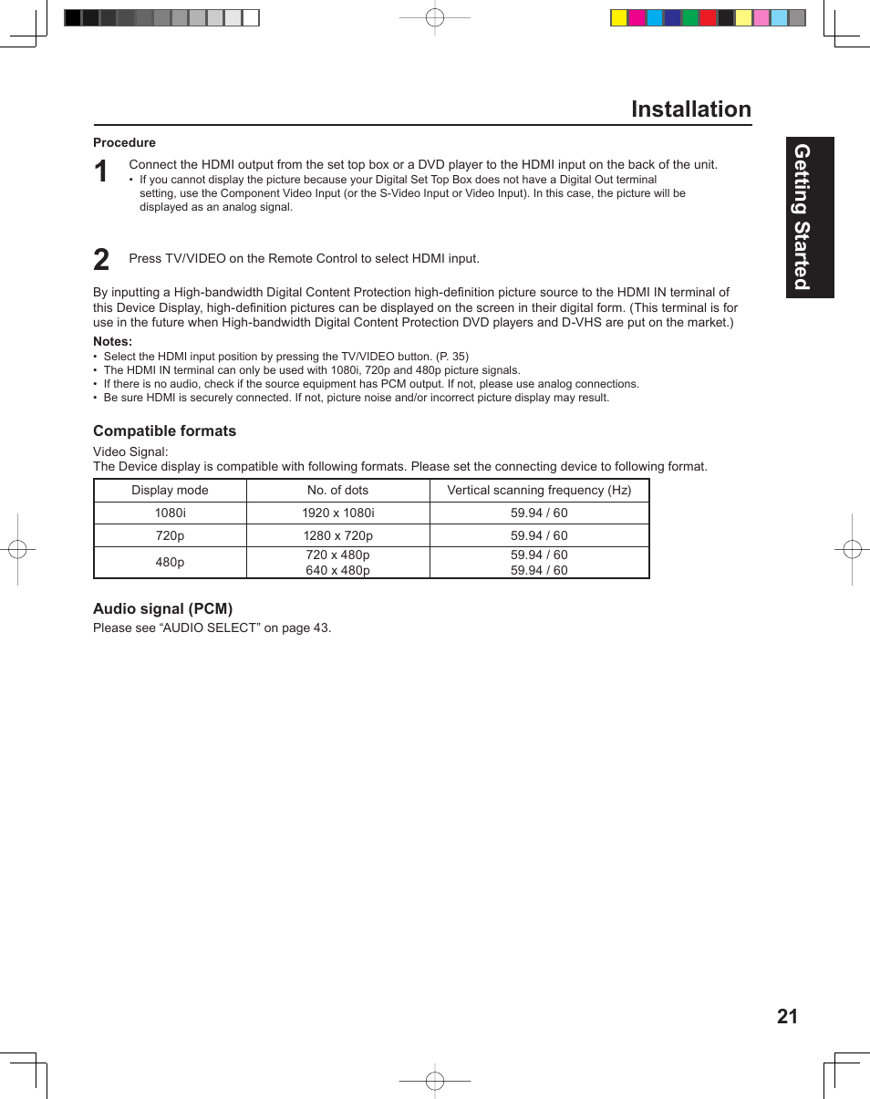 Installation, 21 getting start ed | Panasonic PT-43LC14 User Manual | Page 21 / 88