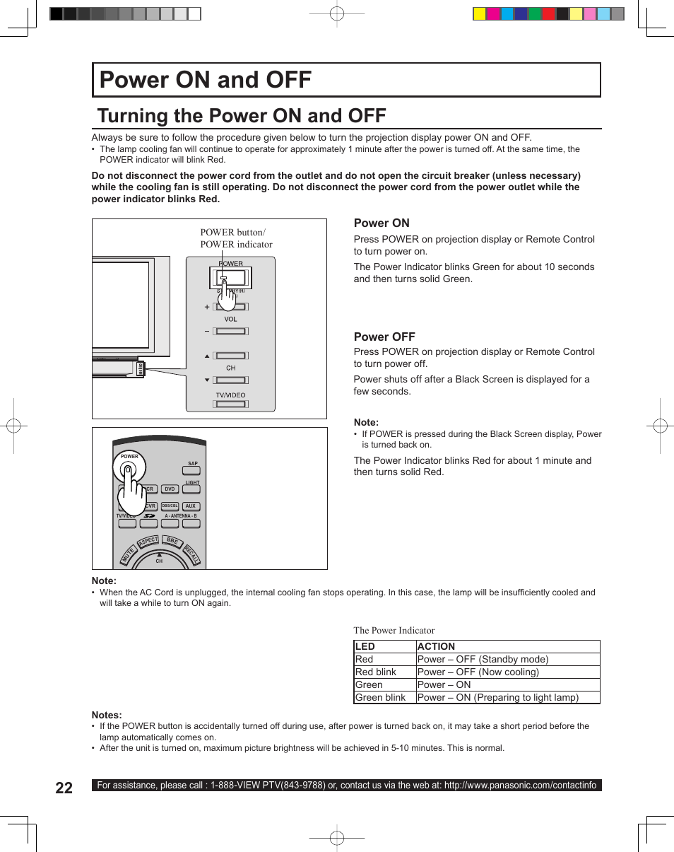 Basic operation, Power on and off, Turning the power on and off | Power on power off | Panasonic PT-43LC14 User Manual | Page 22 / 88