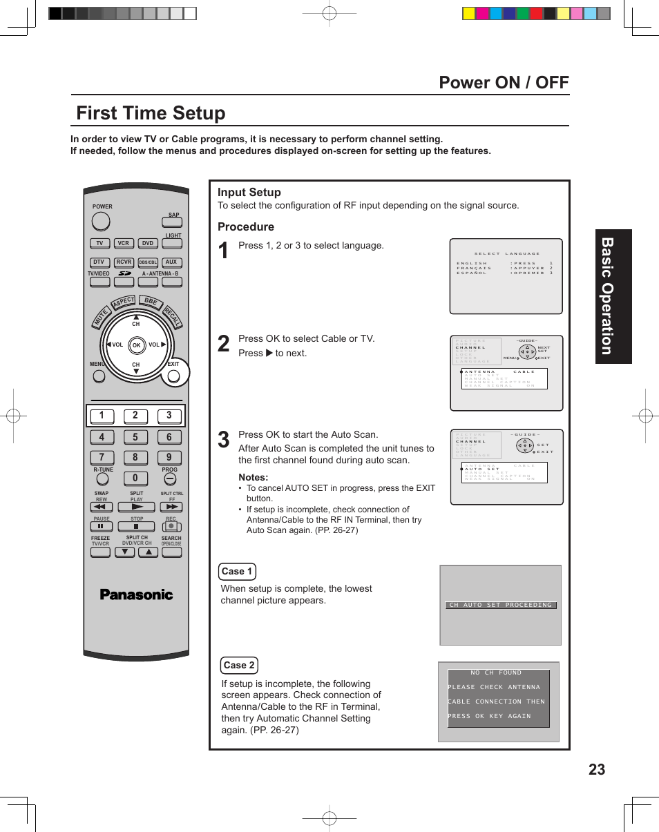 First time setup, Power on / off, 23 basic operation | Input setup, Procedure, Press 1, 2 or 3 to select language | Panasonic PT-43LC14 User Manual | Page 23 / 88