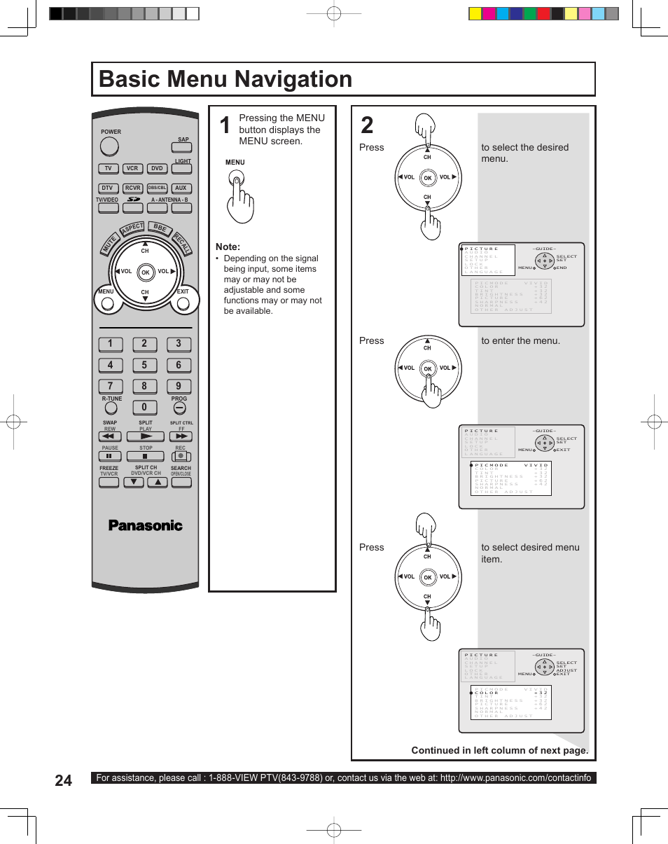 Basic menu navigation, Basic menu navigation 1 2, Press to select the desired menu | Press to enter the menu, Press to select desired menu item, Continued in left column of next page | Panasonic PT-43LC14 User Manual | Page 24 / 88