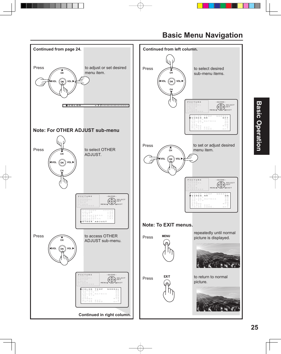 Basic menu navigation, 25 basic operation, Press to select other adjust | Press to access other adjust sub-menu | Panasonic PT-43LC14 User Manual | Page 25 / 88