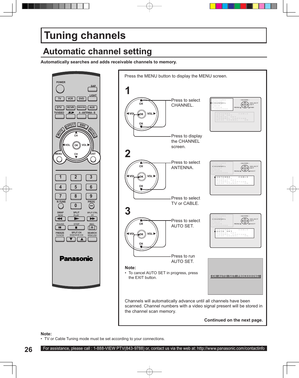 Tuning channels, Automatic channel setting | Panasonic PT-43LC14 User Manual | Page 26 / 88