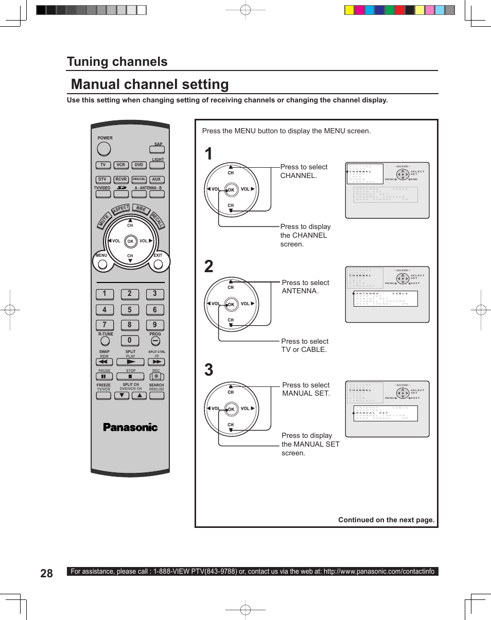 Manual channel setting, Tuning channels, Continued on the next page | Panasonic PT-43LC14 User Manual | Page 28 / 88