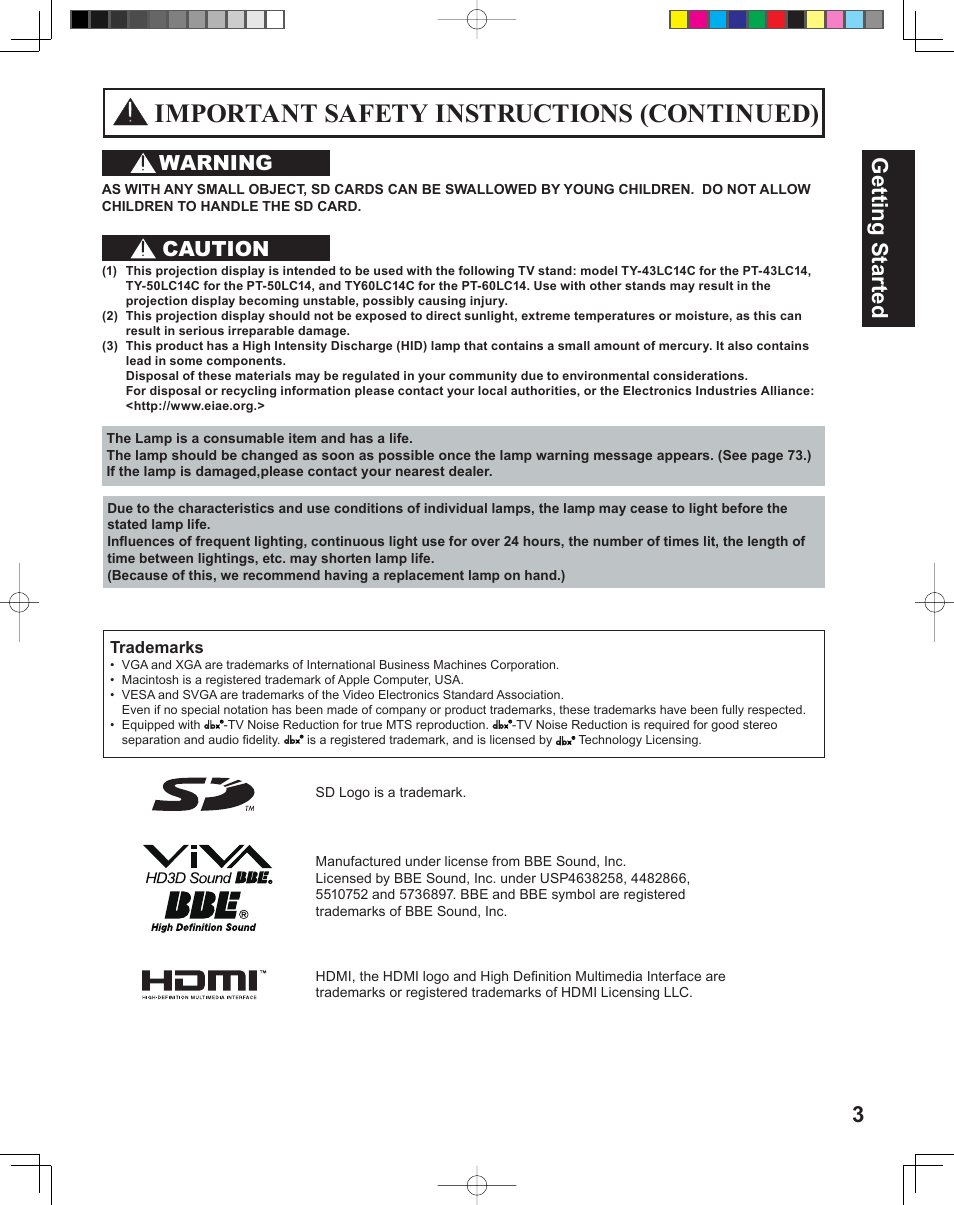 Important safety instructions (continued), 3getting start ed, Warning | Caution | Panasonic PT-43LC14 User Manual | Page 3 / 88