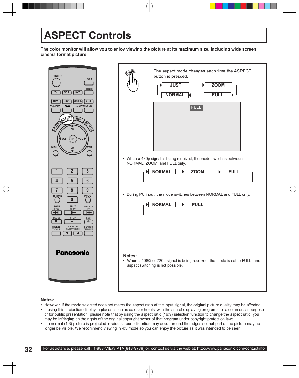 Aspect controls | Panasonic PT-43LC14 User Manual | Page 32 / 88