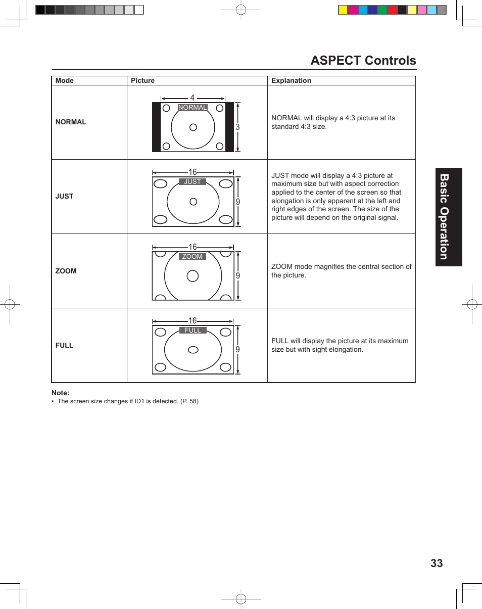 Aspect controls, 33 basic operation | Panasonic PT-43LC14 User Manual | Page 33 / 88