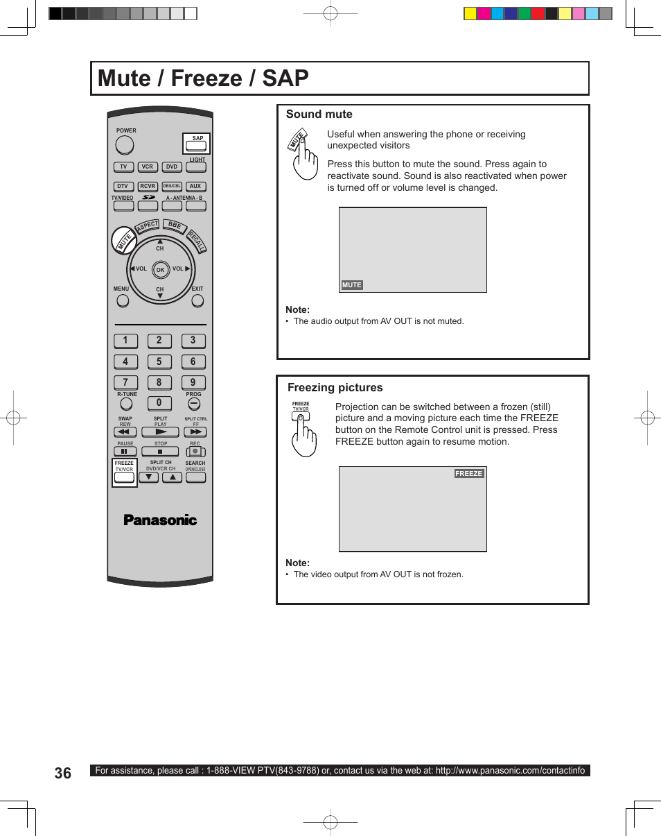 Mute / freeze / sap, Sound mute, Freezing pictures | Panasonic PT-43LC14 User Manual | Page 36 / 88