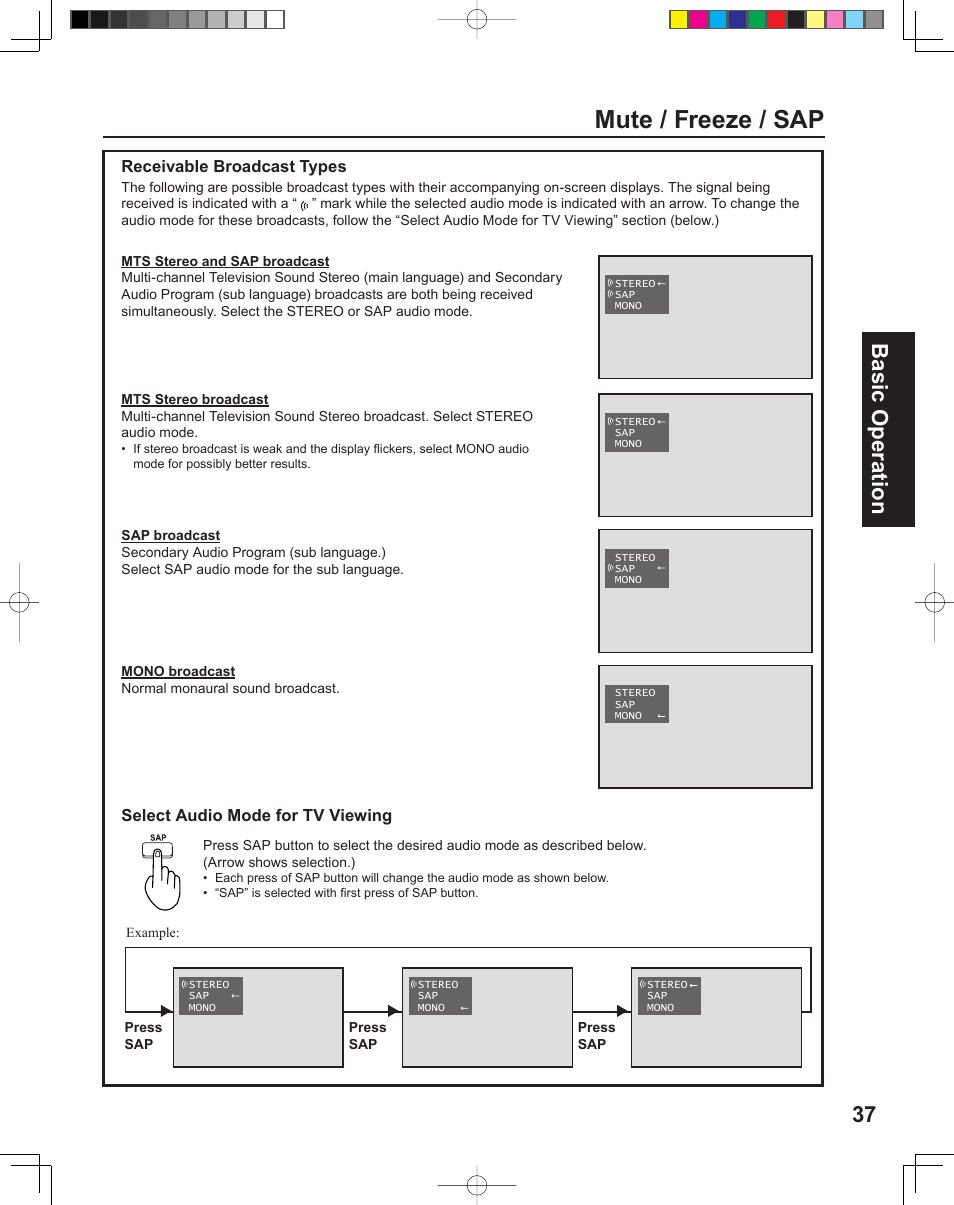 Mute / freeze / sap, 37 basic operation | Panasonic PT-43LC14 User Manual | Page 37 / 88