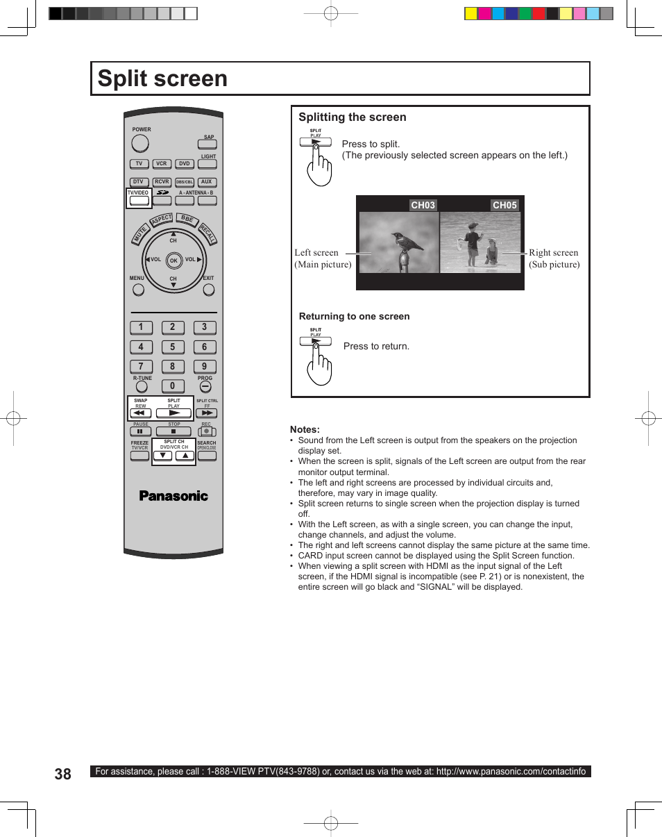 Split screen, Splitting the screen | Panasonic PT-43LC14 User Manual | Page 38 / 88