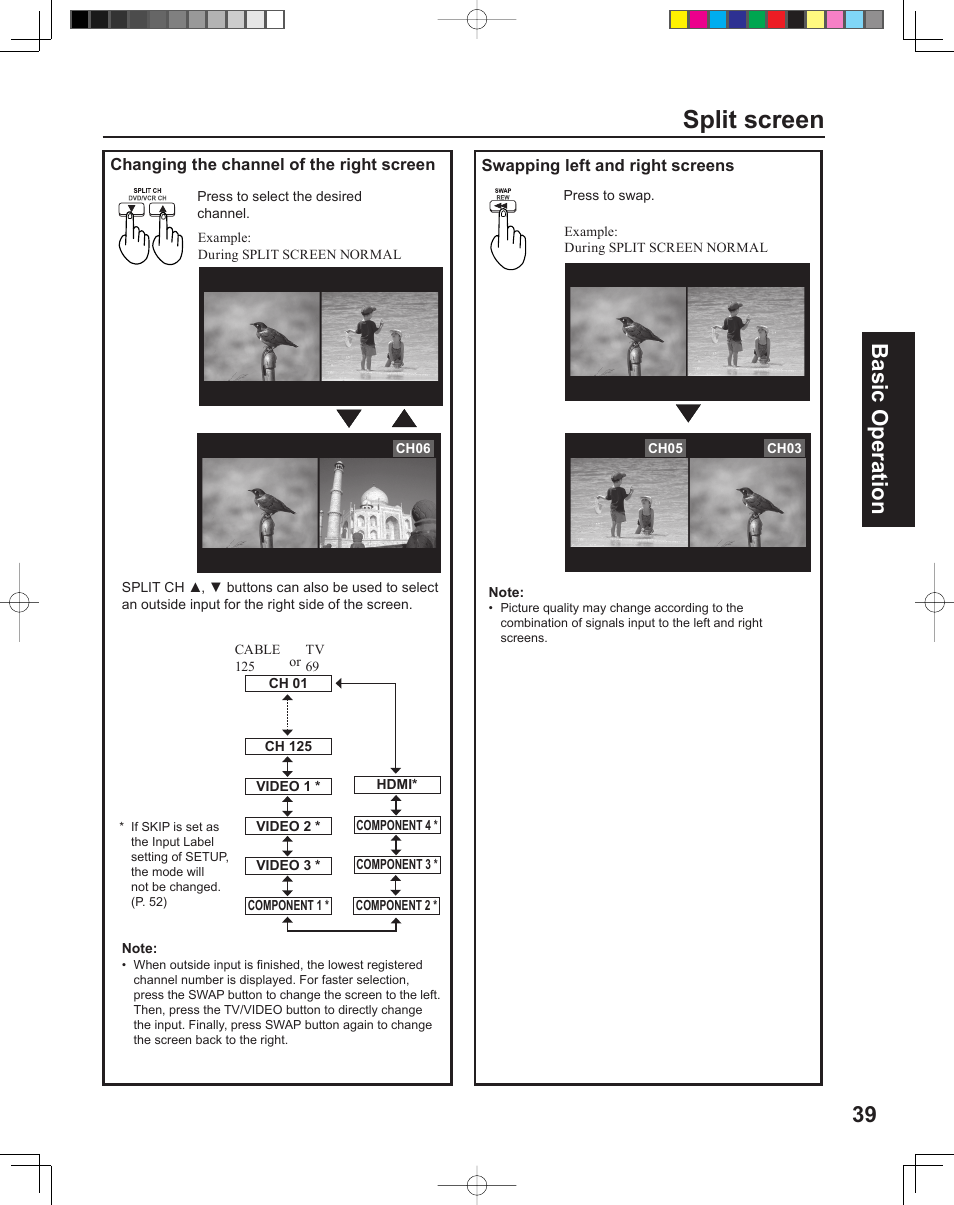 Split screen, 39 basic operation | Panasonic PT-43LC14 User Manual | Page 39 / 88