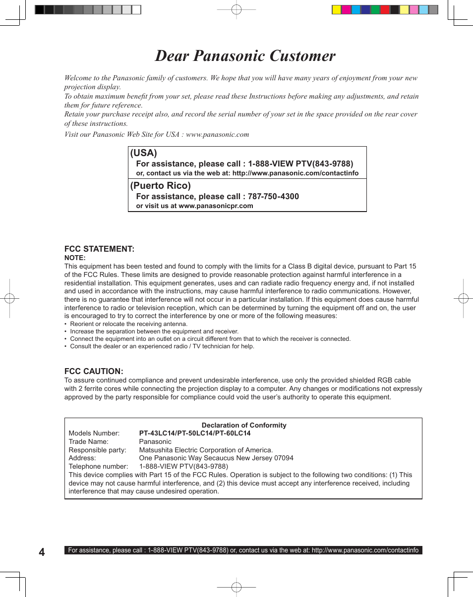 Dear panasonic customer, Usa), Puerto rico) | Panasonic PT-43LC14 User Manual | Page 4 / 88