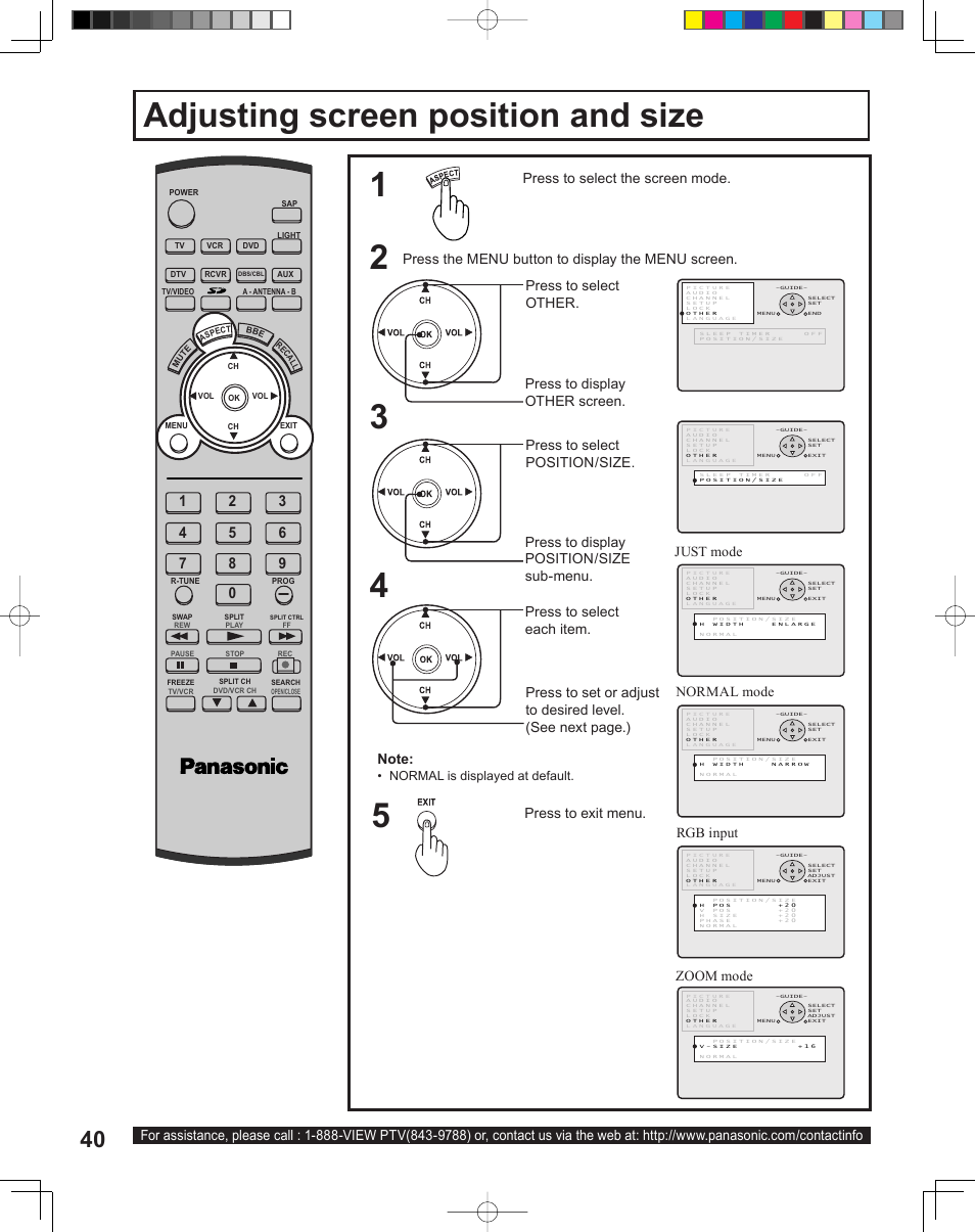 Advanced operation, Adjusting screen position and size, Press to select the screen mode | Normal is displayed at default | Panasonic PT-43LC14 User Manual | Page 40 / 88