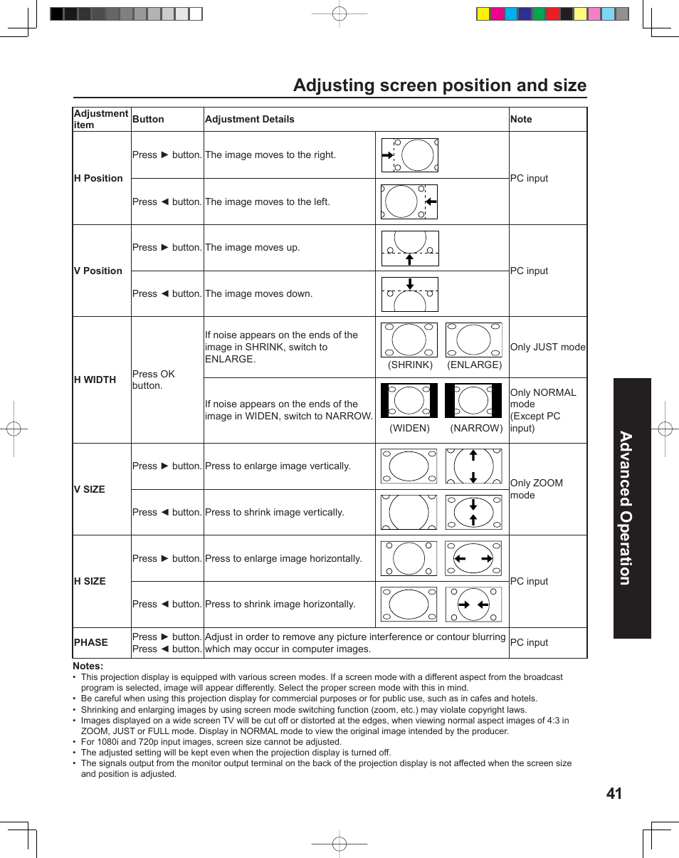 Adjusting screen position and size, 41 advanced op er a tion | Panasonic PT-43LC14 User Manual | Page 41 / 88