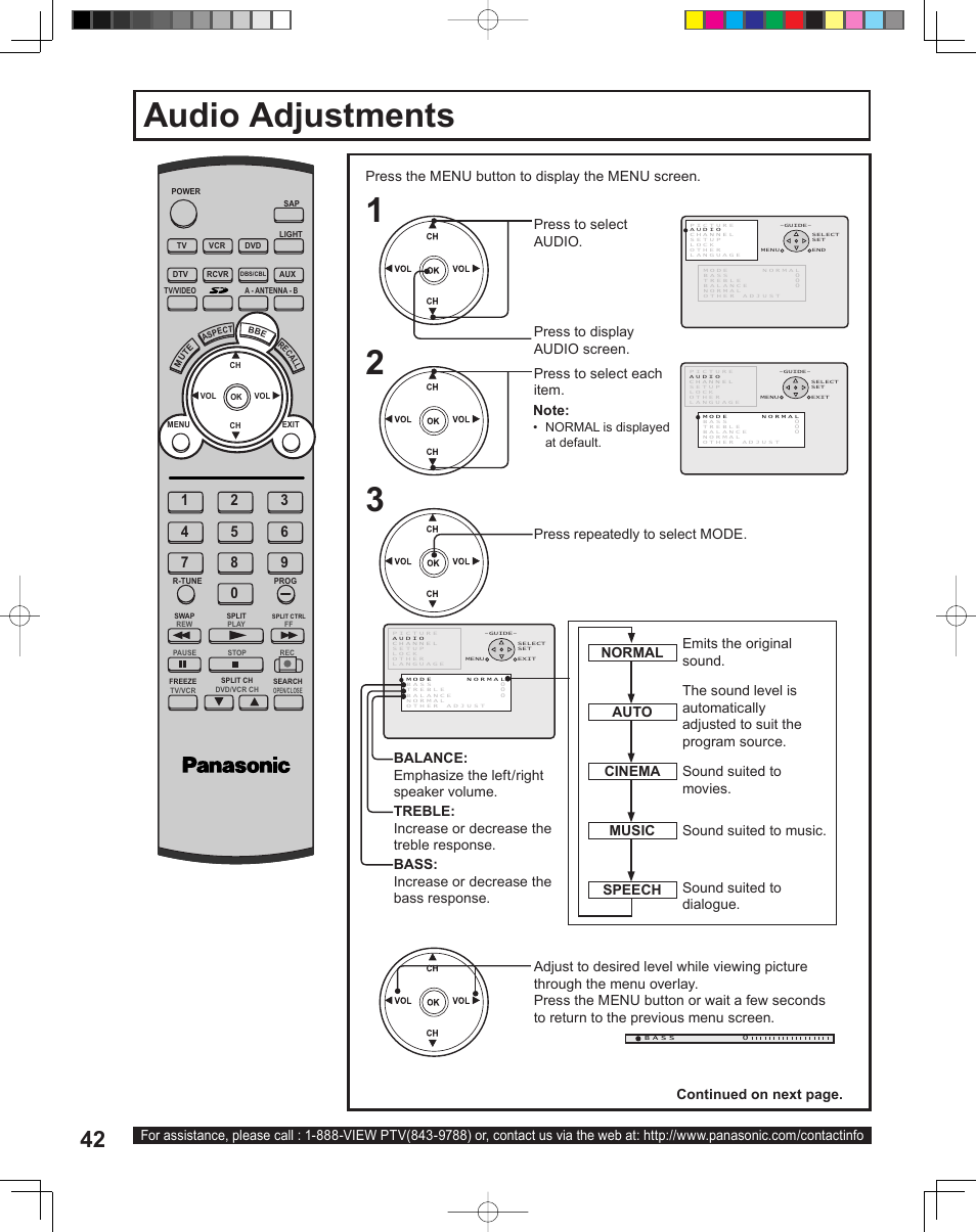 Audio adjustments, Press the menu button to display the menu screen, Normal auto speech cinema music | Press repeatedly to select mode | Panasonic PT-43LC14 User Manual | Page 42 / 88