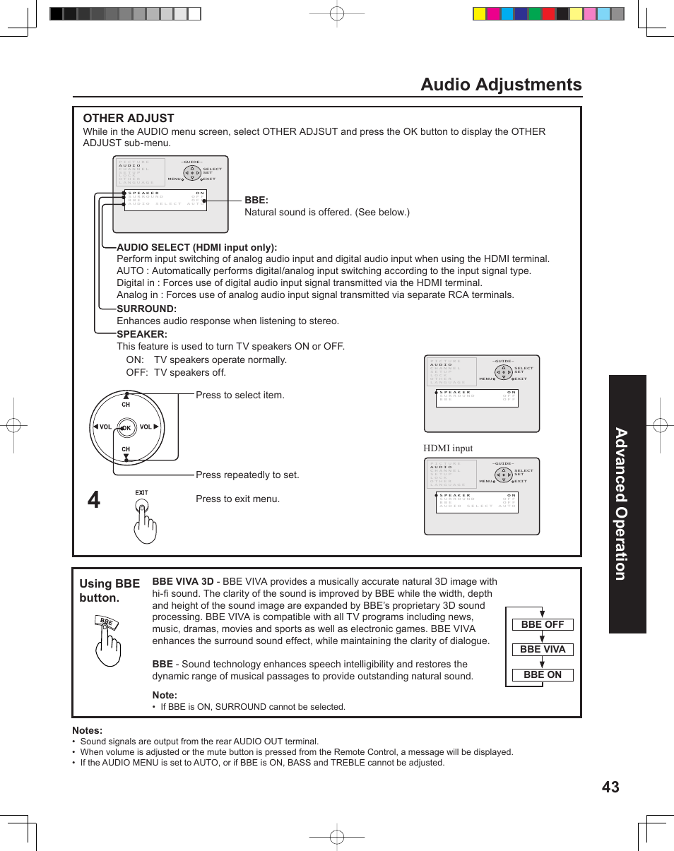 Audio adjustments, 43 advanced op er a tion, Using bbe button | Other adjust, Press to exit menu, If bbe is on, surround cannot be selected | Panasonic PT-43LC14 User Manual | Page 43 / 88