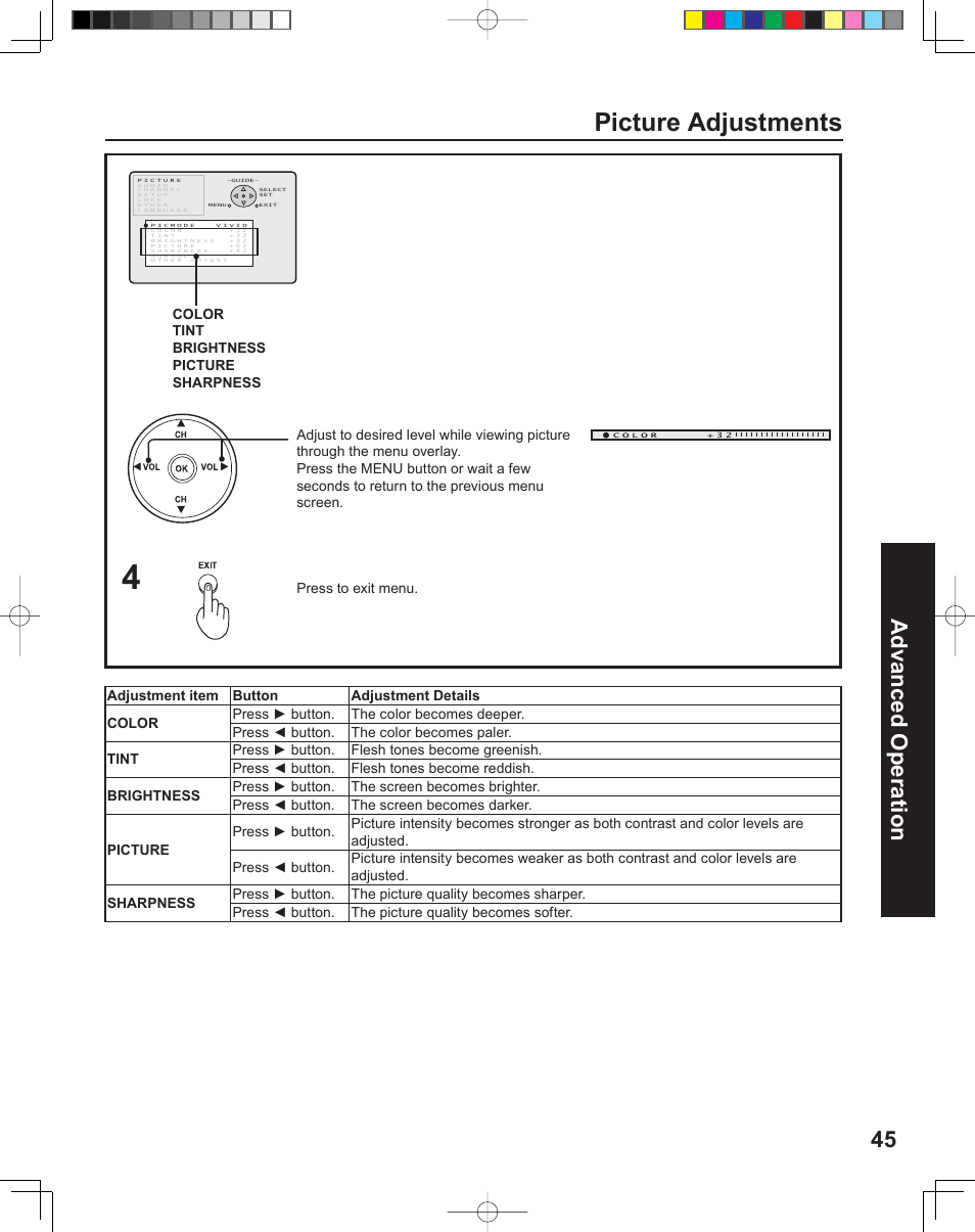 Picture adjustments, 45 advanced op er a tion | Panasonic PT-43LC14 User Manual | Page 45 / 88