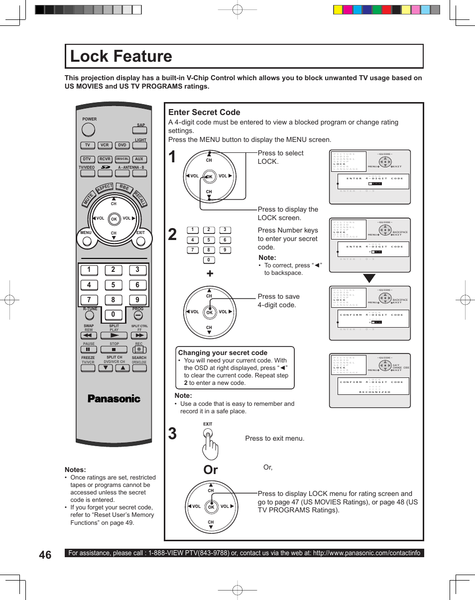 Lock feature, Enter secret code, Press to display the lock screen | Press number keys to enter your secret code, Changing your secret code | Panasonic PT-43LC14 User Manual | Page 46 / 88